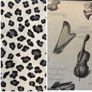 Animal print quilt fabric (12”X21”) & musical instruments (45”X26”) black gray